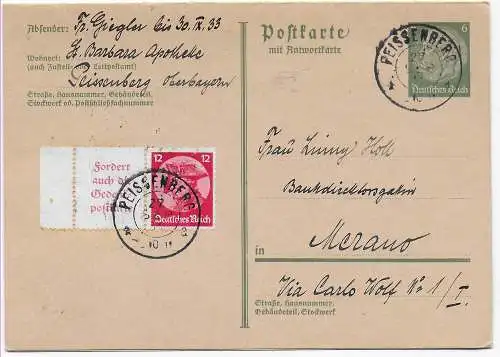 Doppel-Postkarte Peissenberg nach Merano, 1933