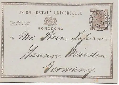 post card Hong Kong, 1890 to Hannover Münden/Germany