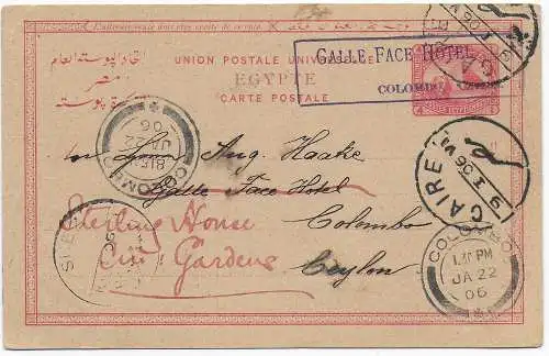 post card Caire 1906 to Galle Face Hotel, Colombo/Ceylon