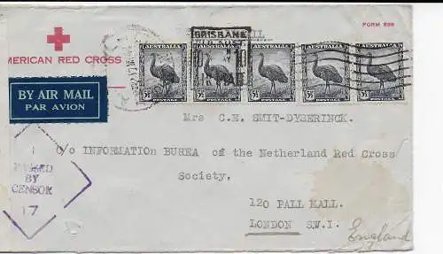 Air mail red cross Brisbane 1944 to London, censor