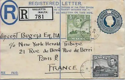 Registered letter Valletta to Paris, 1939