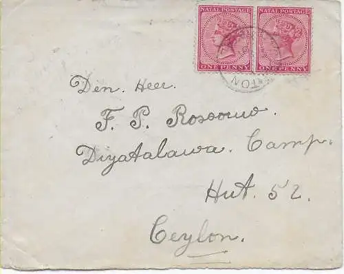 Kgf, PoW, Natal Durban, Lagerstempel rückseitig, Burenkrieg nach Ceylon