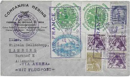 Blumenau 1920 to Sellschopp in Hamburg, Via Flugpost Air France