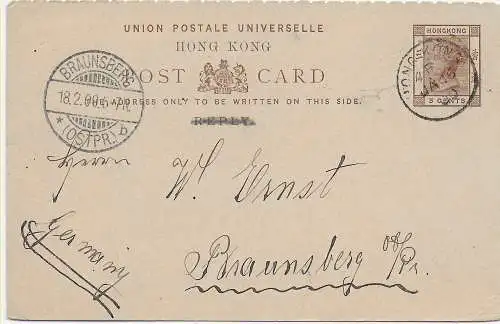 post card Hong Kong 1900 to Braunsberg, Germany