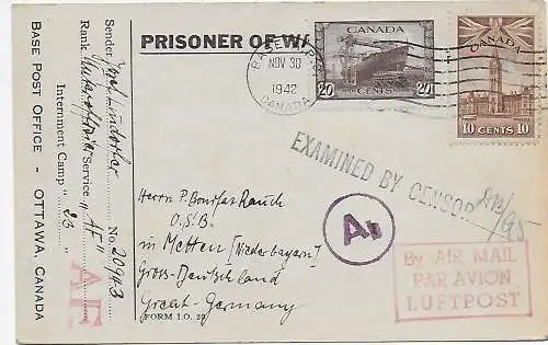 Kgf, PoW: Internment Camp 30, Ottawa to Metten,  OKW Zensur 1942, air mail