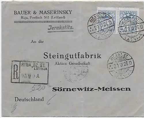 Riga-Lettland, Registered 1926 to Sörnewitz-Meissen, Steingutfabrik