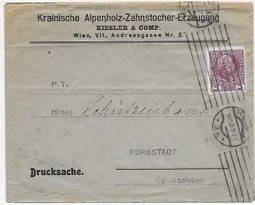 Wien, Zahnstocher Erzeugung als Drucksache nach Burgstädt 1908