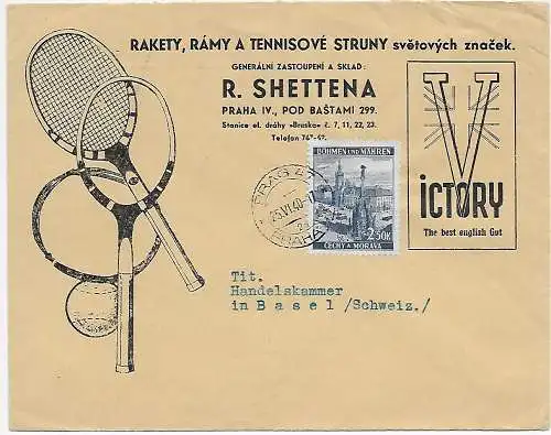 Prag 1940 mit -V- nach Basel, ohne Zensurvermerke: Thematik Tennis