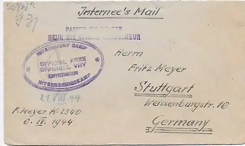 Internee's Mail, Interniertencamp South Africa 1944 nach Stuttgar, 2x censor OKW