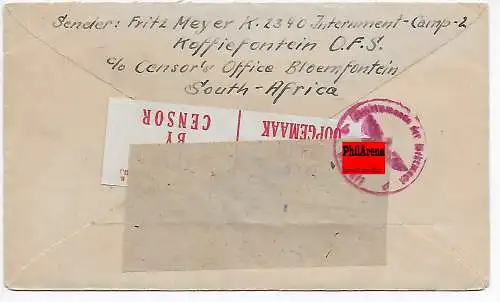 Internee's Mail, Interniertencamp South Africa 1944 nach Stuttgar, 2x censor OKW