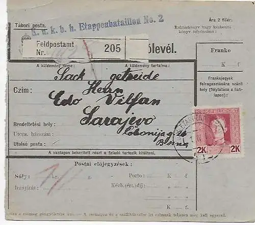 Paketkarte Feldpostamt nach Sarajevo, 1918