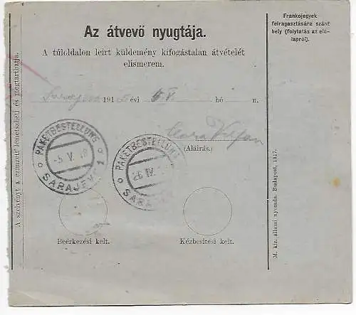 Paketkarte Feldpostamt nach Sarajevo, 1918