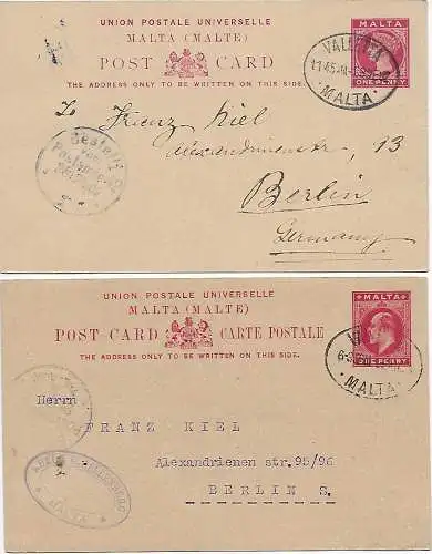 2x post card Valletta to Berlin, 1904