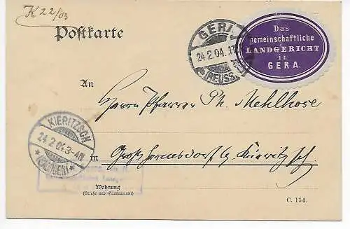 Postkarte Landgericht Gera, 1904, Frei lt. Avers #11