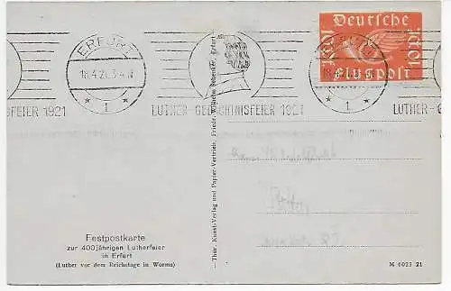 Ansichtskarte Gruss aus der Lutherstadt Erfurt 1921 nach Stettin
