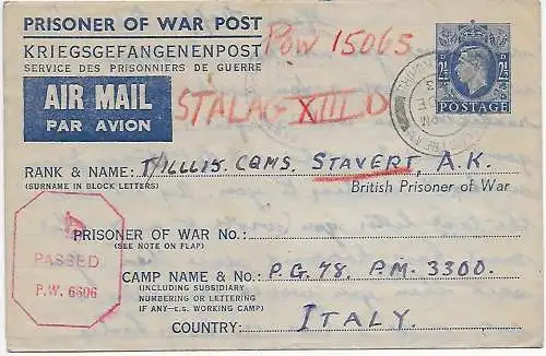 Kgf, PoW: Air mial Berwickshire to STALAG XIIID, Italy, Censor