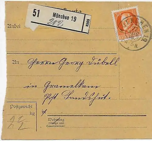 Paketkarte München 19 nach Landshut 1918