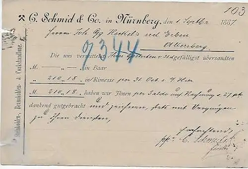 Postkarte Nürnberg 1887 nach Allersberg, private Firmen-Postkarte