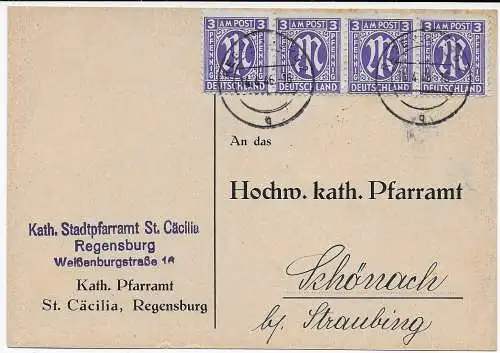 Postkarte Pfarramt Regensburch nach Schönach, 1948