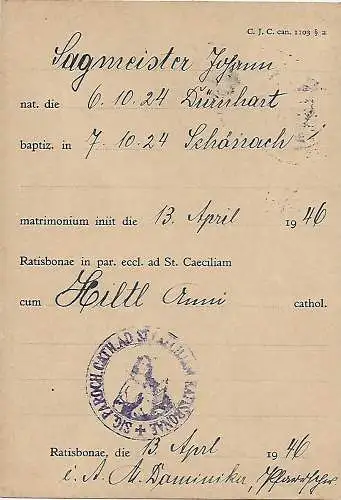 Postkarte Pfarramt Regensburch nach Schönach, 1948