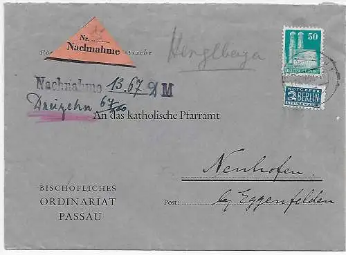 Nachnahme Brief Bischöfliches Ordinariat Passau nach Neuhofen, 1950