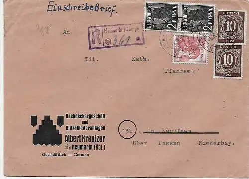 Einschreiben Neumarkt/Opf nach Karpfham 1947