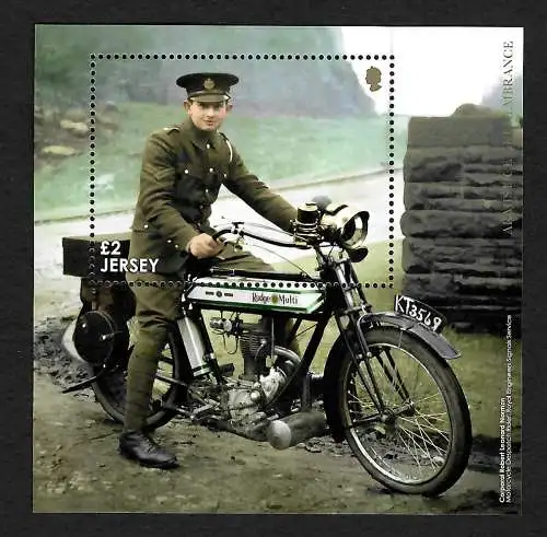 Jersey: 100 Jahre Ende I. Weltkrieg: Block Motorrad, postfrisch, **