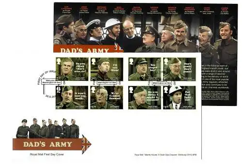 GB: Ersttagsbrief 50 Jahre Fernsehserie DAD's ARMY, 8 Briefmarken