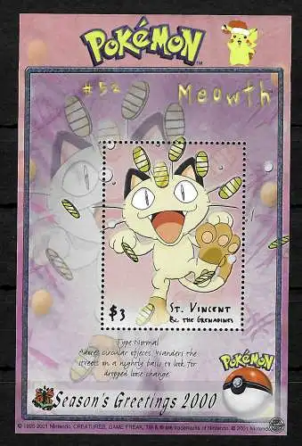 St. Vincent & The Grenadines: Pokémon Meowth, Tpye Normal, postfrisch, **