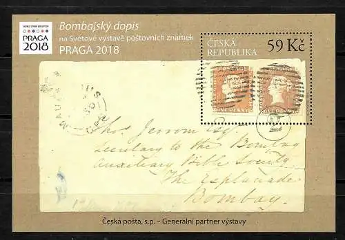 CZ: Prag 2018, Briefmarkenblock mit Bombay Brief, postfrisch