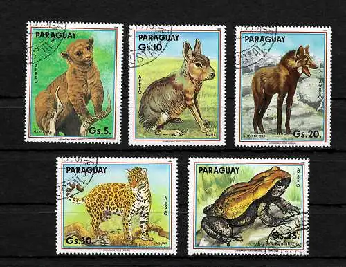 Paraguay: 5 Briefmarken mit Wildtieren, gestempelt