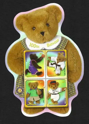 Grenada: 100 Jahre Sporty Bears, Briefmarkenblock in Teddyform, postfrisch