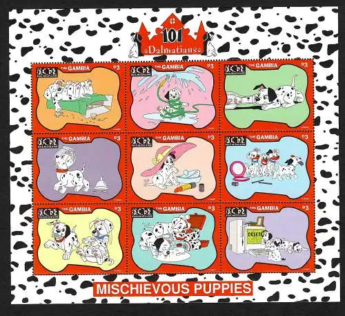 Gambia: 101 Dalmatiner, Puppies, Briefmarkenblock mit 9 Marken, postfrisch, mnh