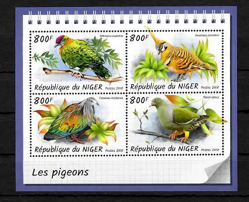 Niger: Les pigeons, 4x Briefmarken im Block mit Tauben, postfrisch, mnh