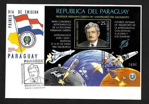 Paraguay: 90. Geburtstag Hermann Oberth, Block auf FDC, #3789, Block 405