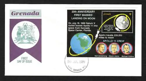 Grenada:  FDC 20 Jahrestag der Mondlandung, Apollo 11 mit Astronauten