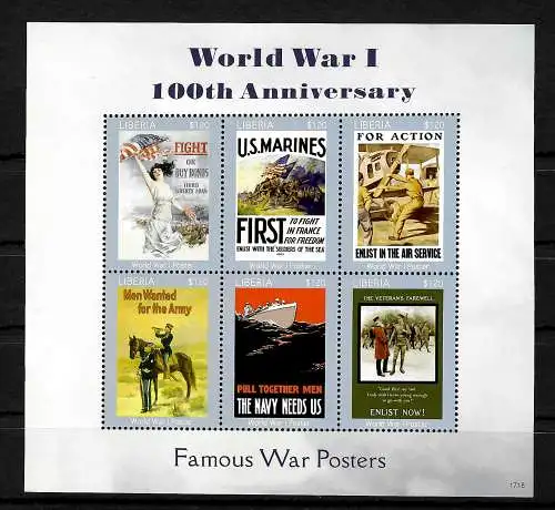 Liberia: WWI, 100. Jahrestag, Famous War Posters, postfrisch, Kleinbogen