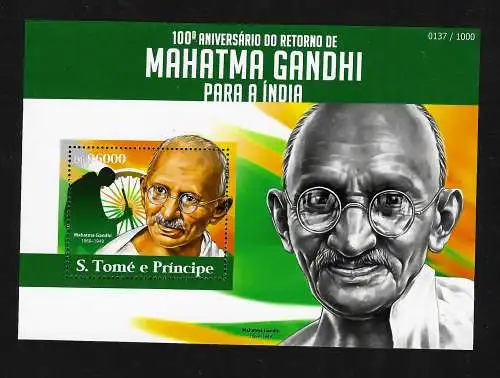 S. Tomé e Principe: Gandhi - 100. Geburtstag Gandhi's return to India, mnh, **