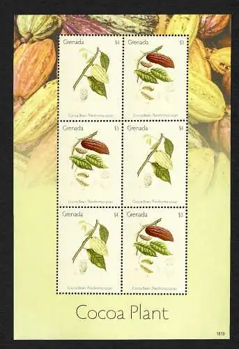 Grenada: Kakao Pflanze, Cocoa plant, Bogen mit 6 Marken, postfrisch, **