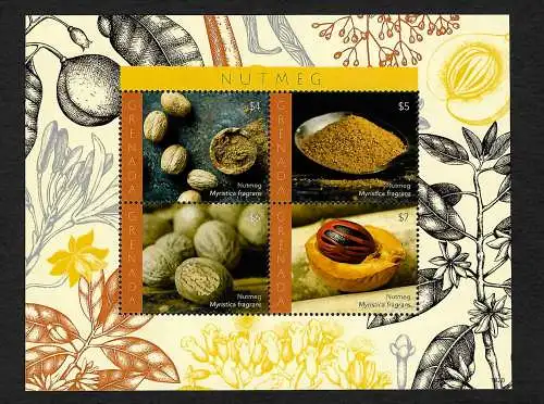 Grenada: Muskat Nuss, Nutmeg, Bogen mit 4 Marken, postfrisch, **