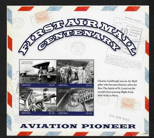 Grenada: First Air Mail, Centenary, Lufpost 100 Jahre, Block, postfrisch, **