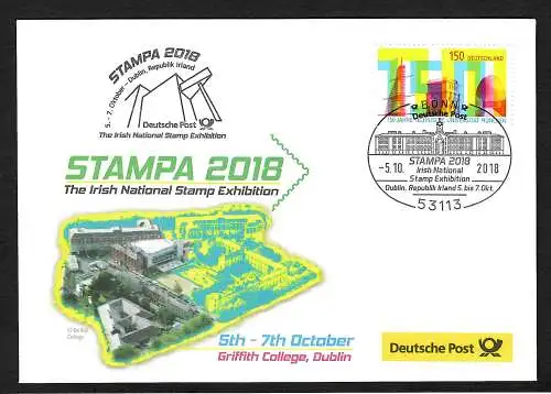 Bund: Beleg zur STAMPA 2018 in Griffith College, Dublin, Irish national Stamps