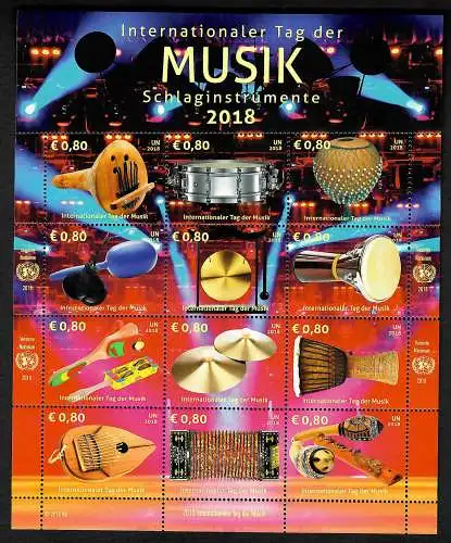 UNO: Internationaler Tag der Musik, UN 2018, Schlaginstrumente, Block, mnh