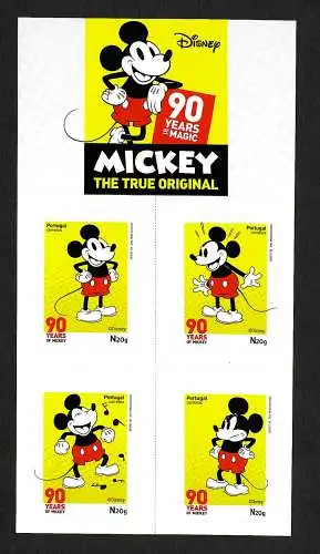 Portugal: 90 Jahre Mickey Mouse, Disney, Markenheftchen selbstklebend, mnh