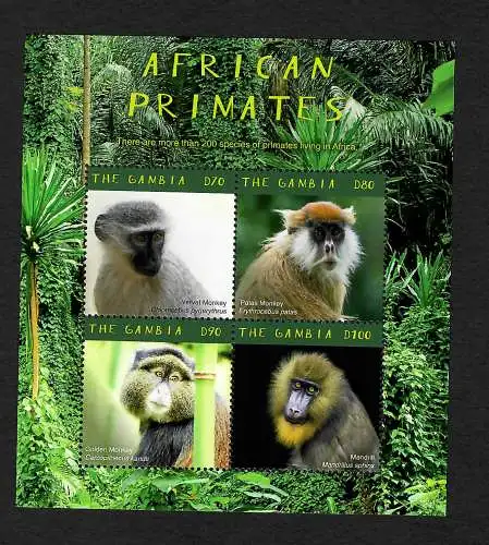 Gambia: African Primates, Affen, 4 Marken im Block, mnh