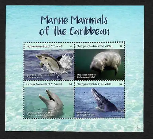 Mustique Grenadines of St. Vincent: Block with Dophin, Whale, Manatee, mnh