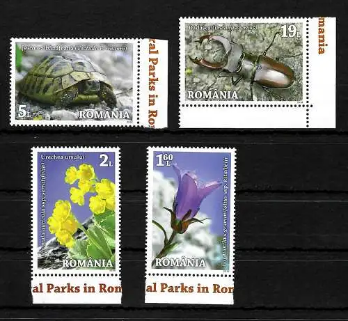 Rumänien: Rumänische Nationalparks, Käfer, Schildkröte, Blumen, 4 Briefmarken