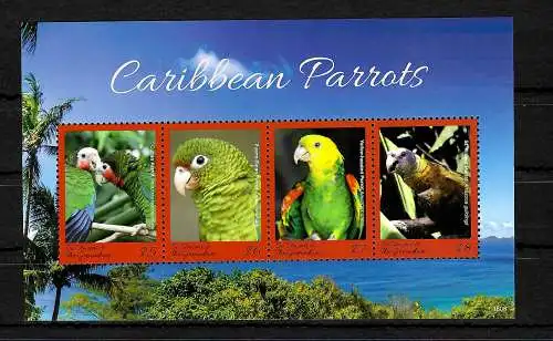 St. Vincent&The Grenadines: Caribbean Parrots, Papageien, Block, postfrisch