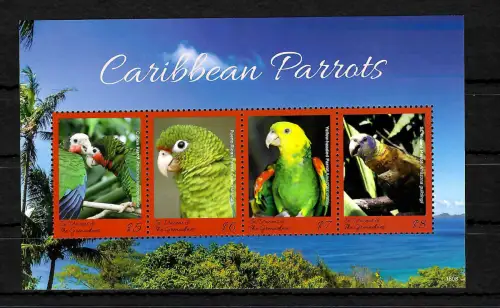 St. Vincent&The Grenadines: Caribbean Parrots, Papageien, Block, postfrisch