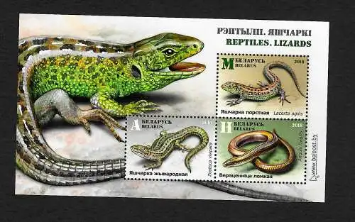 Belarus: Reptilien: Echsen und Schlangen, 3x Briefmarken im Block, 2018